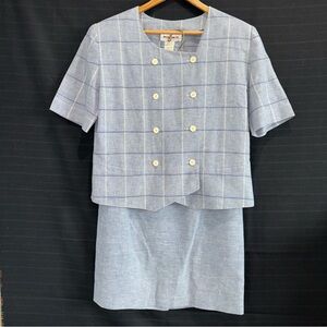 Rodier Womens 2 pc Skirt Jacket Set Suit Blue Plaid Made in France 40/42 US 8/10